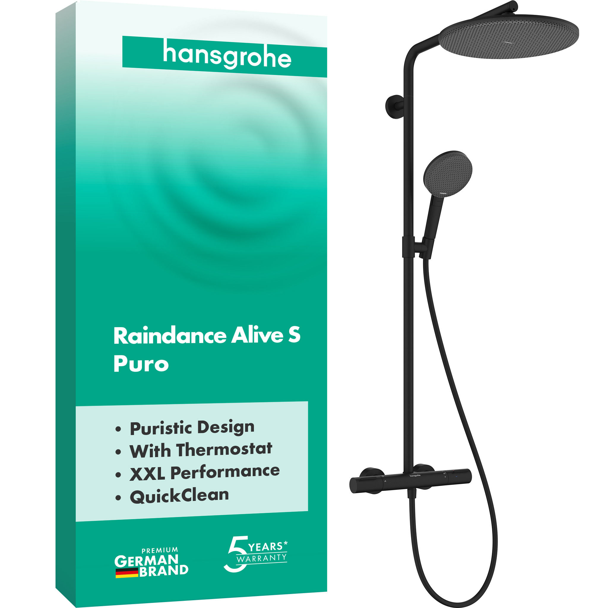 Душова система hansgrohe Raindance Alive S Puro 300 1jet 24592670, з термостатом Ecostat Element, чорний матовий - зображення